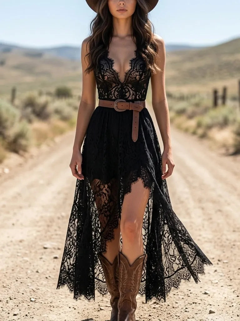 Vintage V-Neck Black Lace Maxi Dress(Belt included)