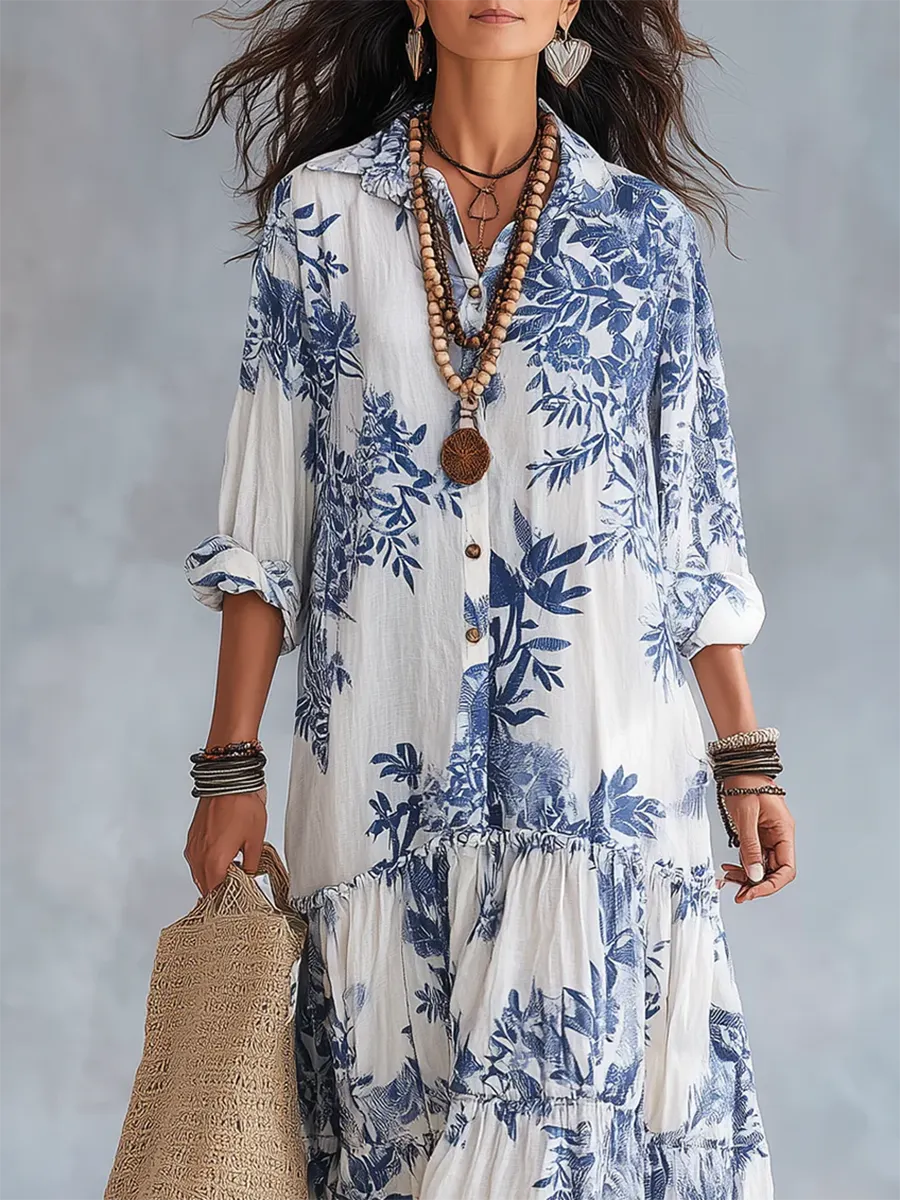 Retro Boho Blue Floral Print Cotton Dress