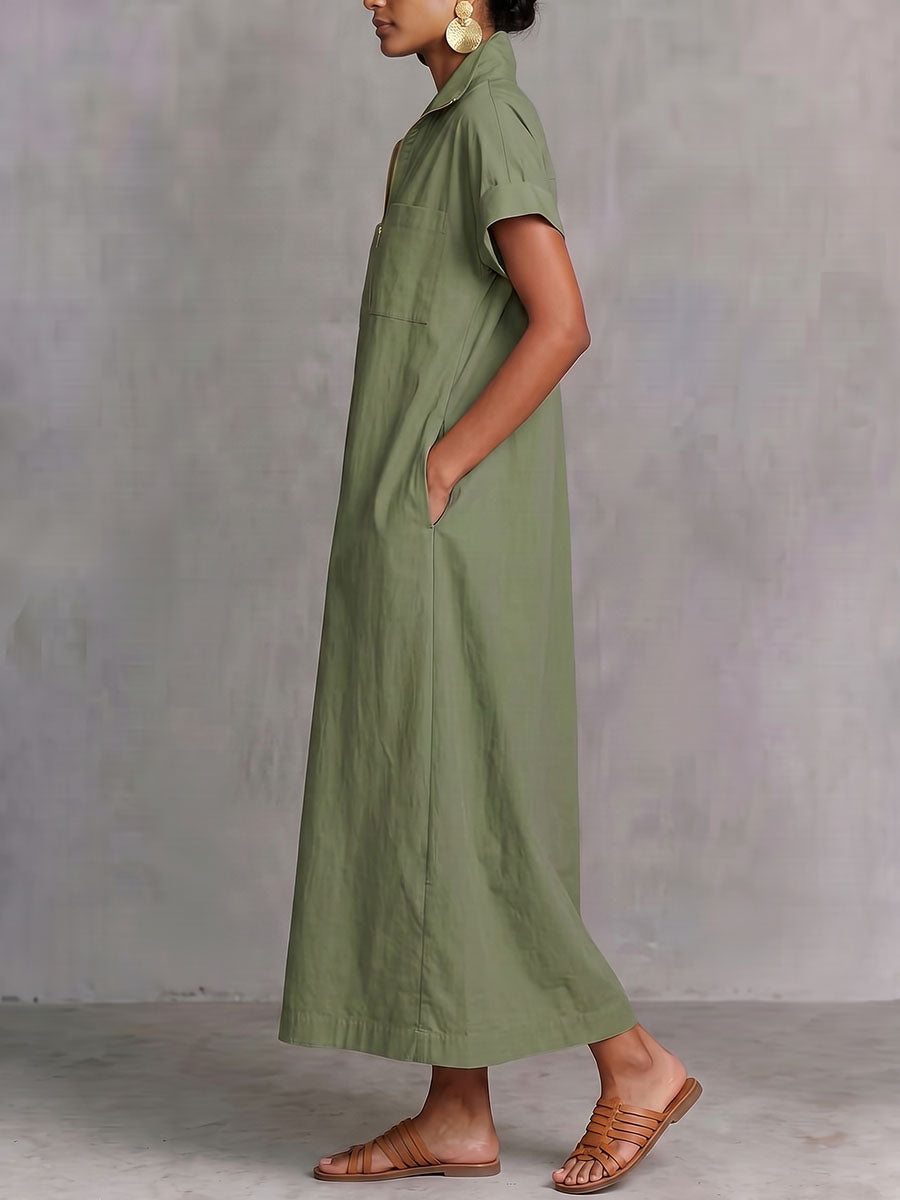 Zipper Solid Color Pockets Sleeveless High Waisted V-neck Maxi Dresses