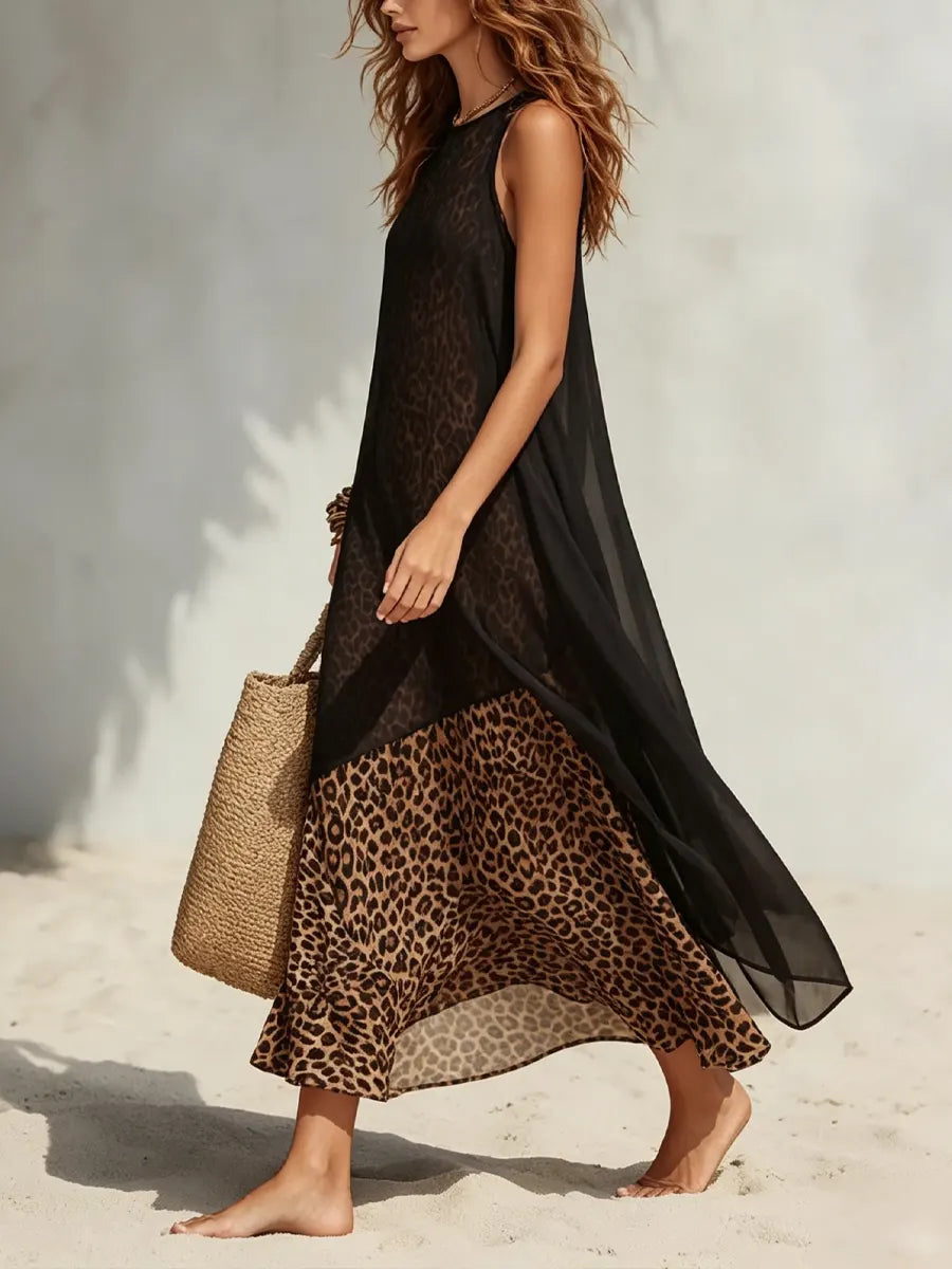Women's Double-layer Mesh Leopard Print Dress