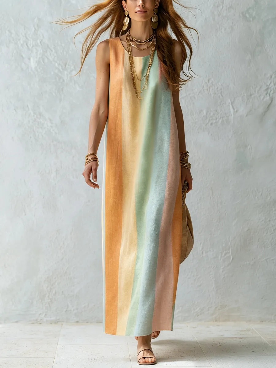 Effortless Multi Color Pastel Striped  Column Maxi Dress