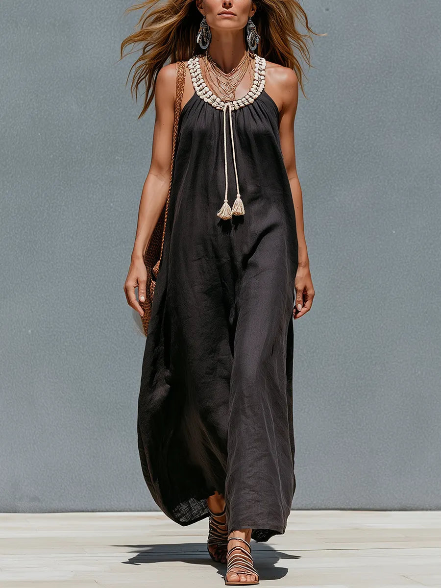 Resort Style Dark Brown Linen Tassel Maxi Dress