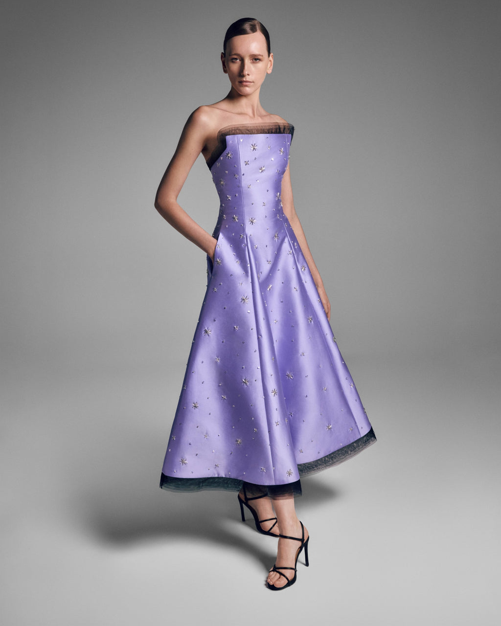 LOOK 3 Celestial Straight Across Lavender Mikado Midi Dress