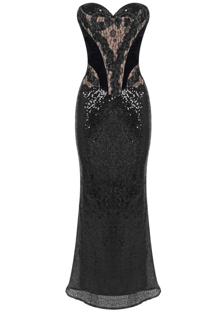 Strapless Lace Sequin Maxi Dress Black