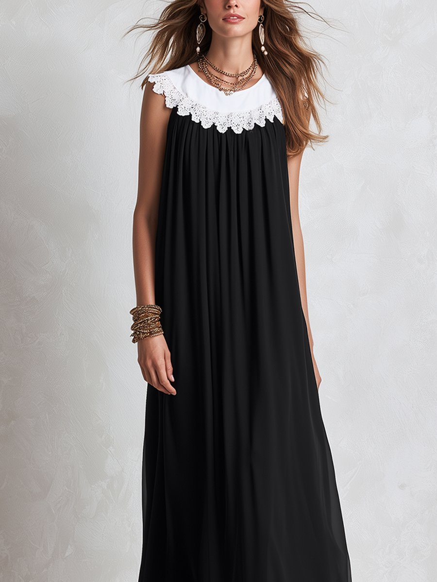 Bohemian Lace And Chiffon Color Block Maxi Dress