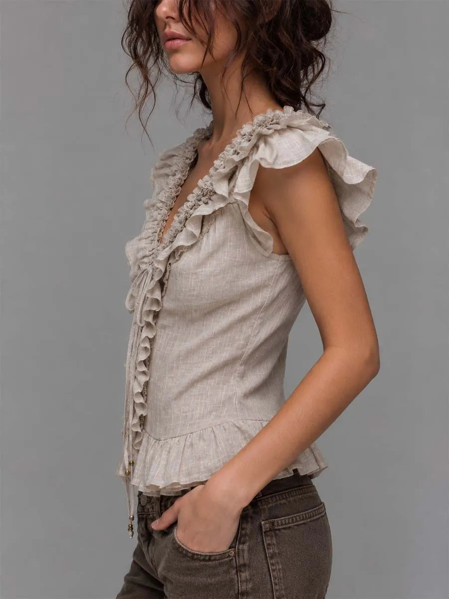 Bohemian Beige Linen-Blend Ruffled Lace-Up Peplum Top