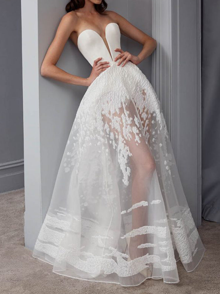 Bandeau Embroidered See-Through Backless A-Line Wedding Maxi Dress