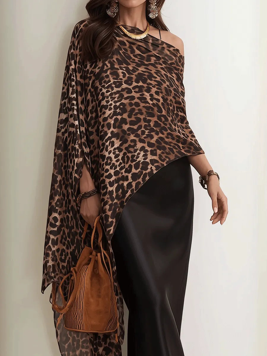 Glam Boho Leopard Chiffon Cape Top & Black Satin Maxi Skirt Set