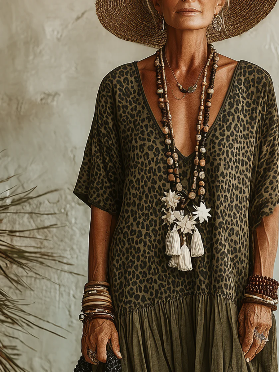 Casual Leopard-print Spliced chiffon & Cotton Dress