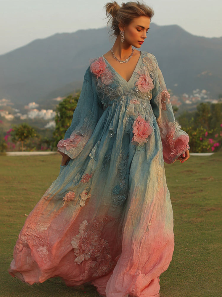 Women's Retro Bohemian Style Artistic Floral V-neck Long Dress.