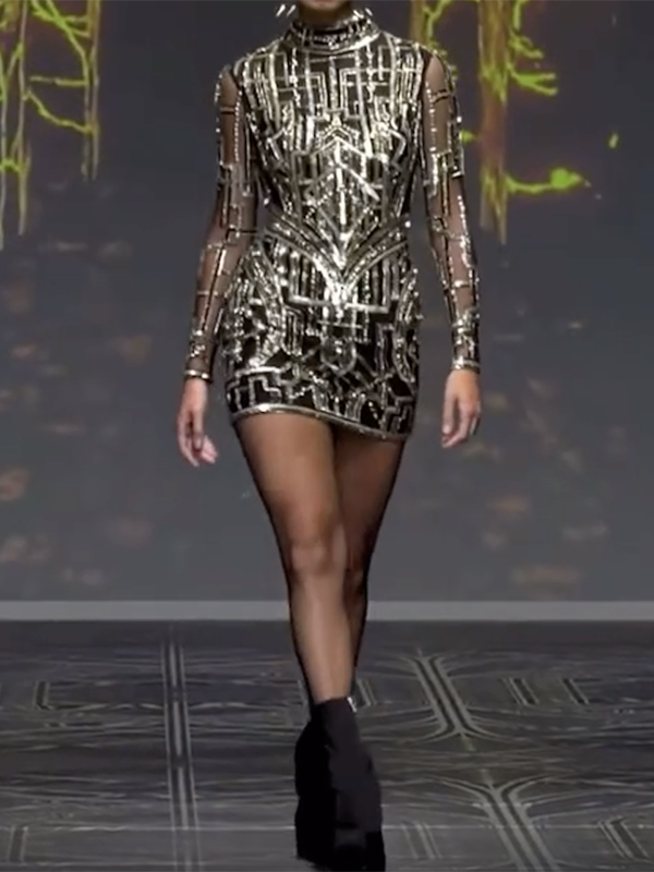 See-Through Sequined Long Sleeves Round-Neck Mini Dresses