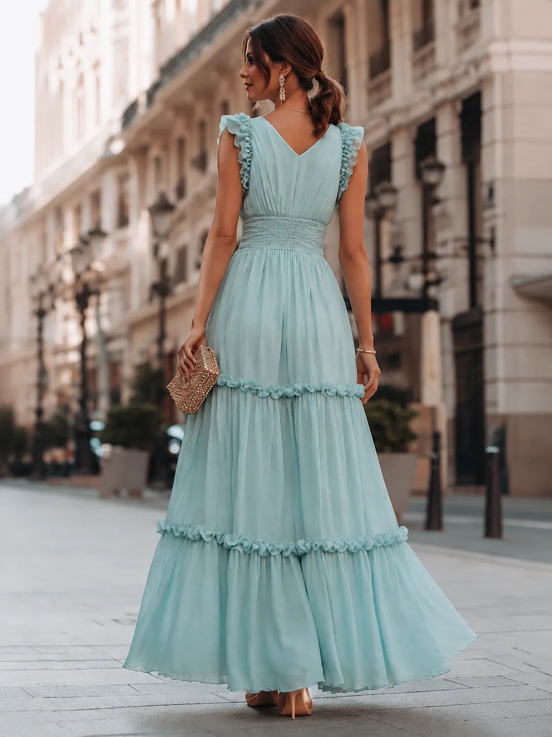 Ruffled V-Neck Sleeveless Tiered Maxi Dress With Flowing Silhouette