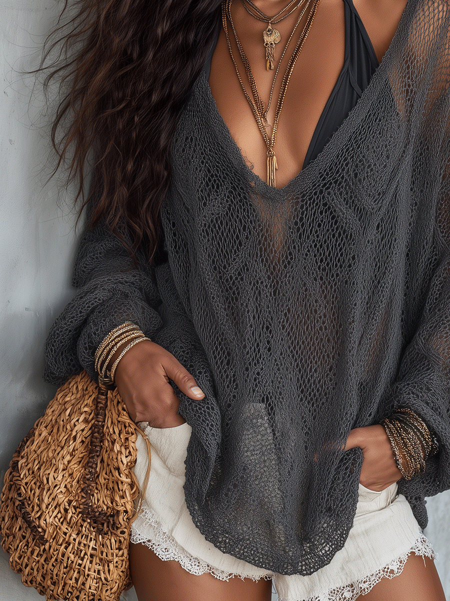 Elegant Lightweight Vacation Smoke Grey Knit Blouse