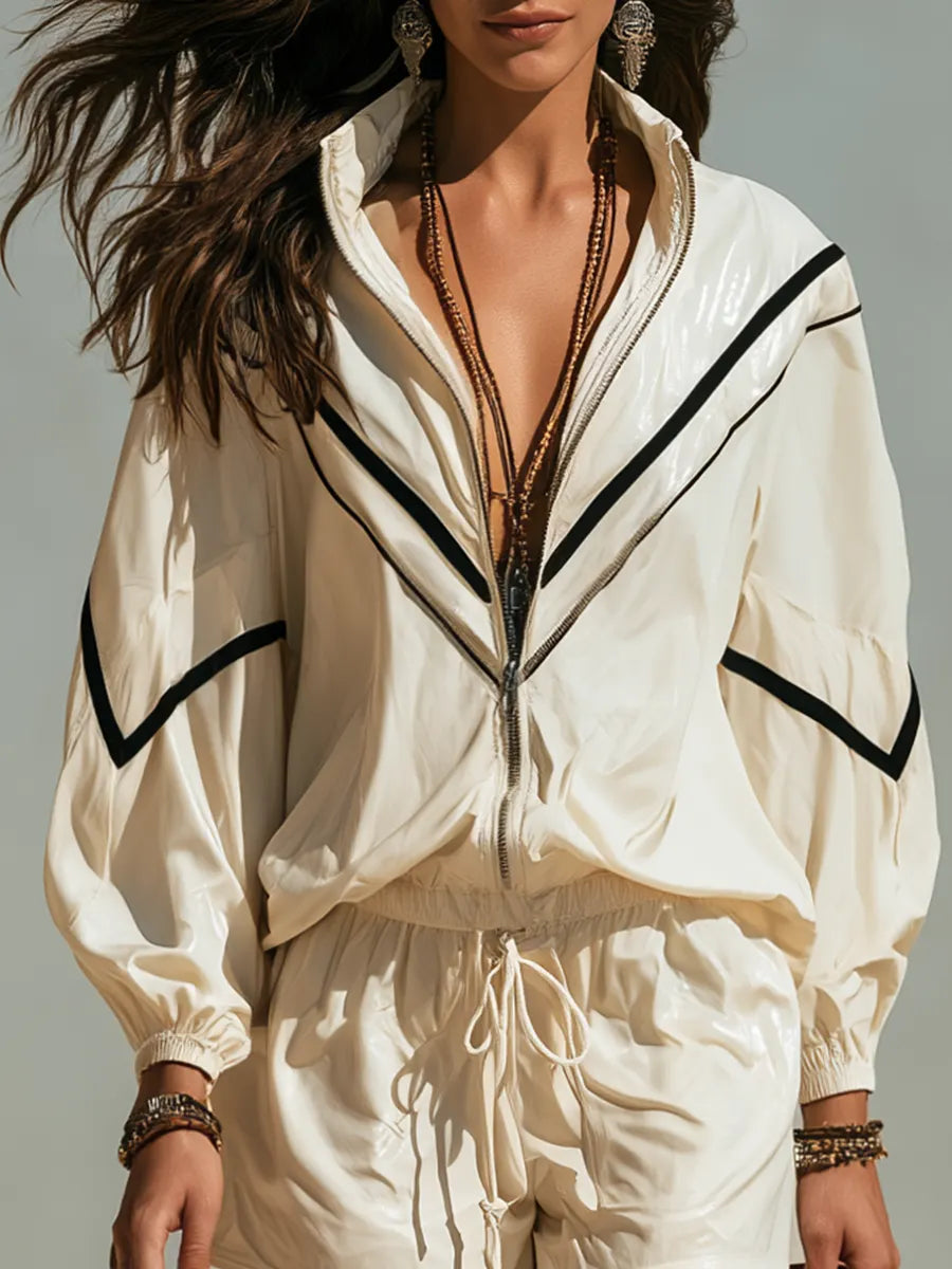 Refined Ivory Contrast Trim Zip Jacket & Shorts Set