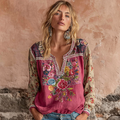 Women's Vintage Flower Embroidery Patchwork V-neck Long Sleeve Linen Blend Blouse