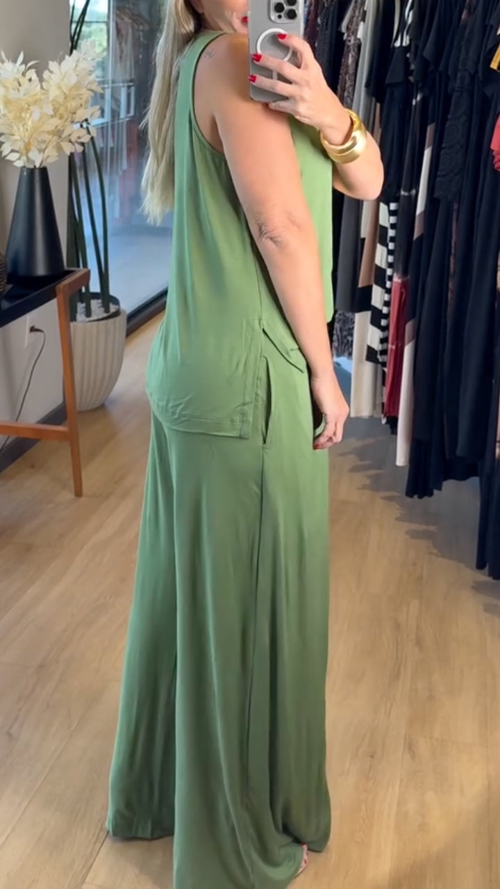 Sleeveless Tank Top & Twist Front Wide Leg Pants Two Piece Set