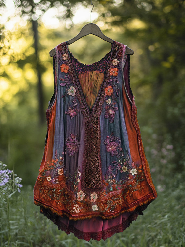Boho Lavender Lace Art Linen Lace Patchwork Art  Sleeveless Tank Top
