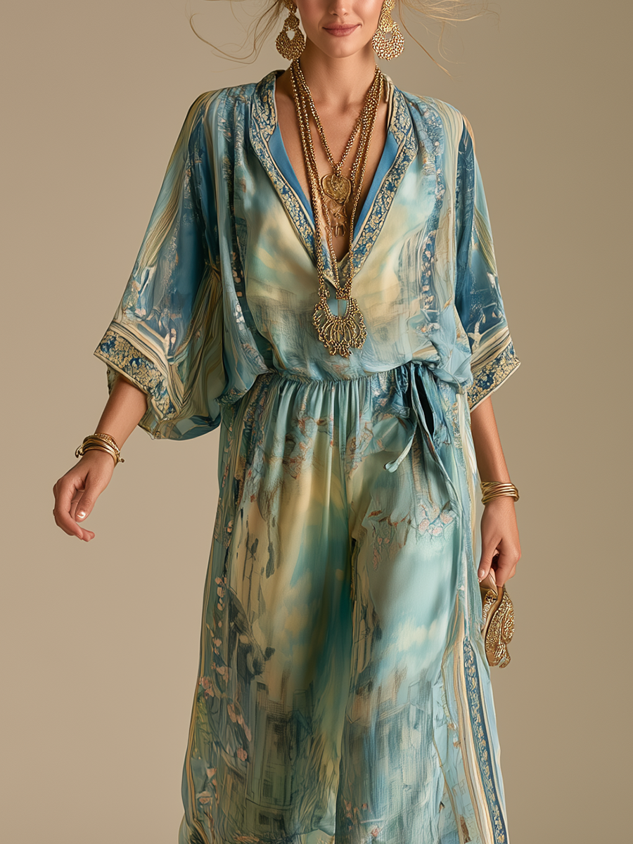Turquoise Baroque Print Jumpsuit