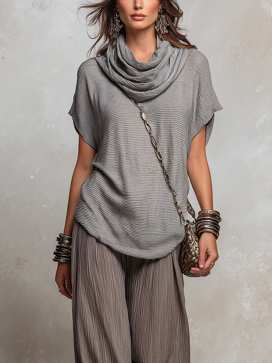 Relaxed Taupe Crinkled Wide-Leg Set