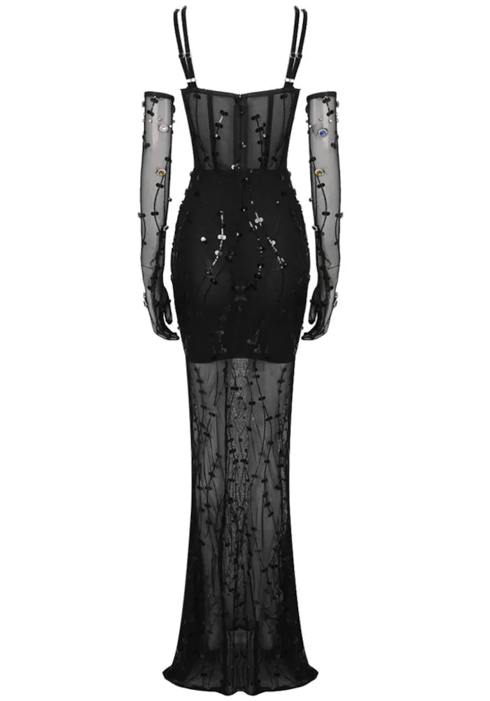 Crystal Sequin Bustier Maxi Dress Black