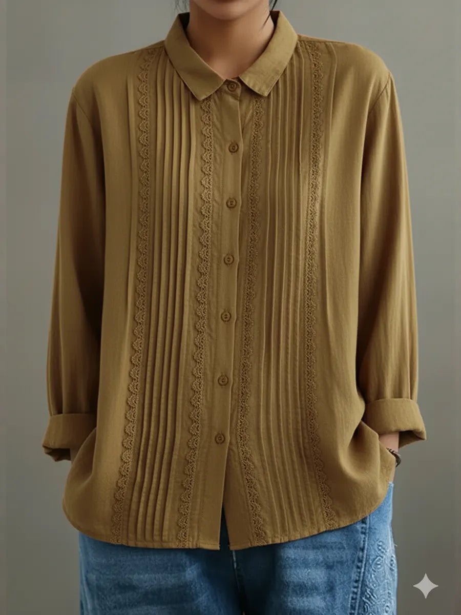 Women's Patchwork Lace Trim Linen And Cotton Pleated Shirt