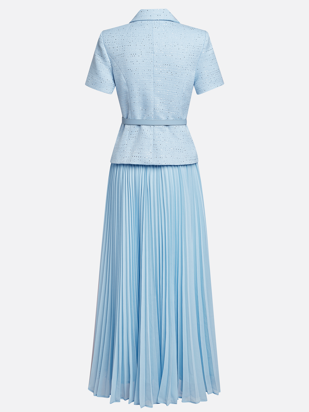 Women Light Blue Tweed Pleated Buckle Lapel Collar Short Sleeve Dressy Top With Skirt Two-Piece Set