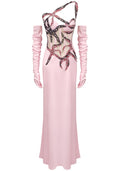 One Shoulder Crystal Corset Maxi Dress Pink