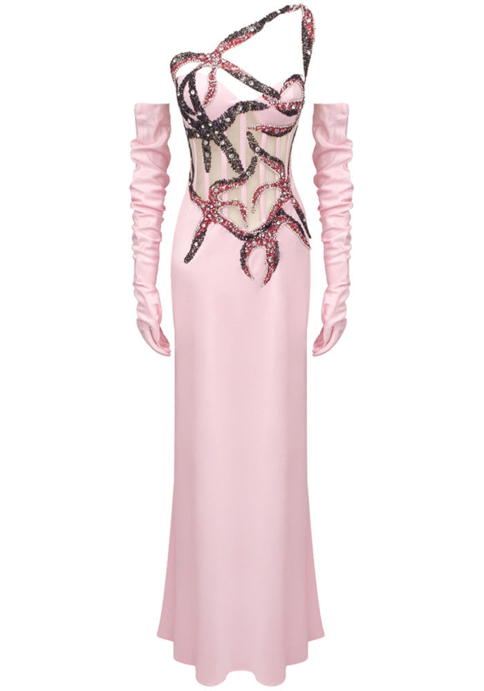 One Shoulder Crystal Corset Maxi Dress Pink