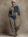 Bohemian Paisley Print Linen And Cotton Two-piece Top And Pants Set