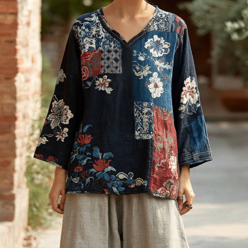 Women's Floral Pattern Linen V-neck T-shirt