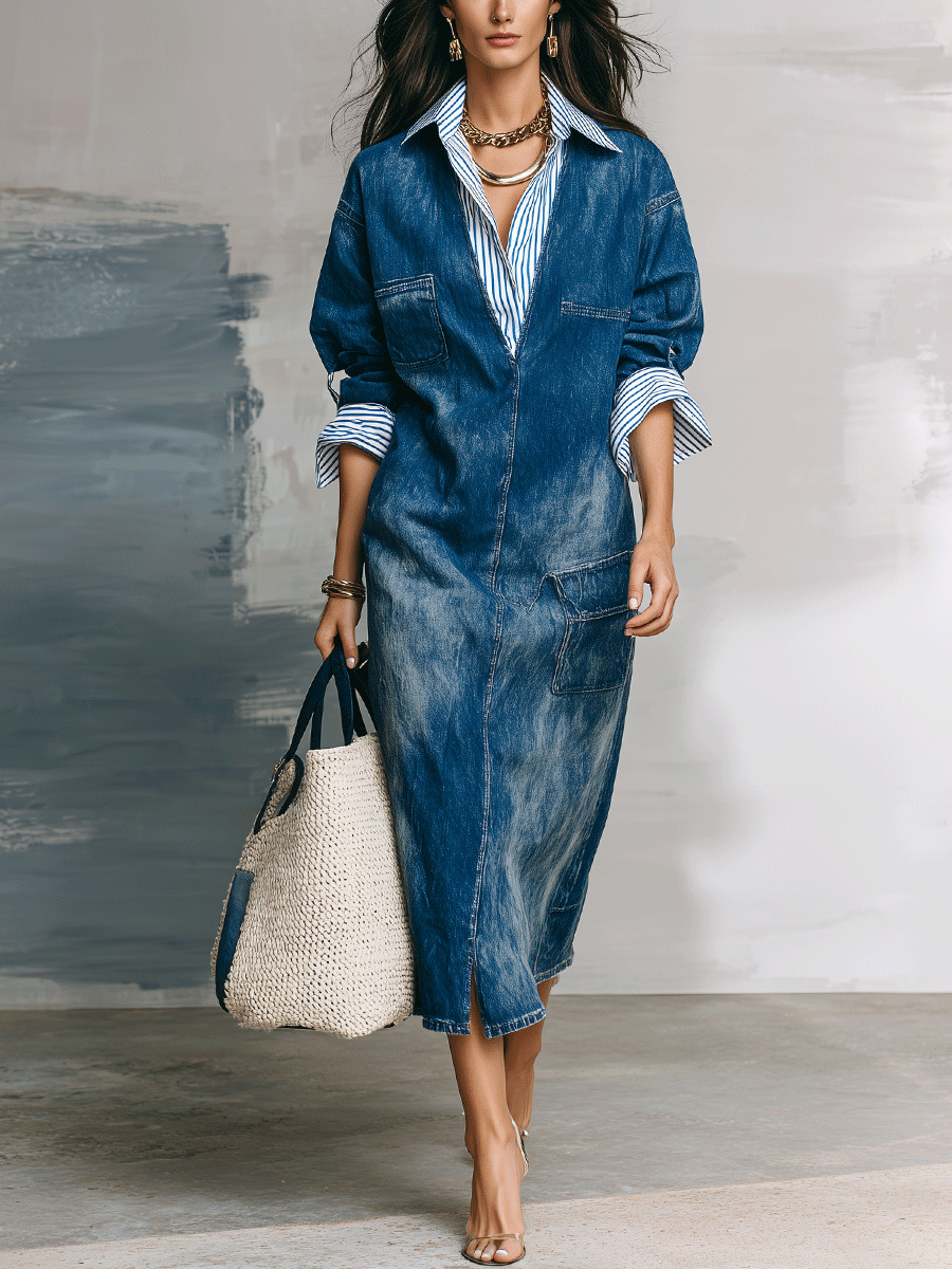 Effortless Washed Cotton Denim Loose-Fit Mid-Wash Denim Midi Dress