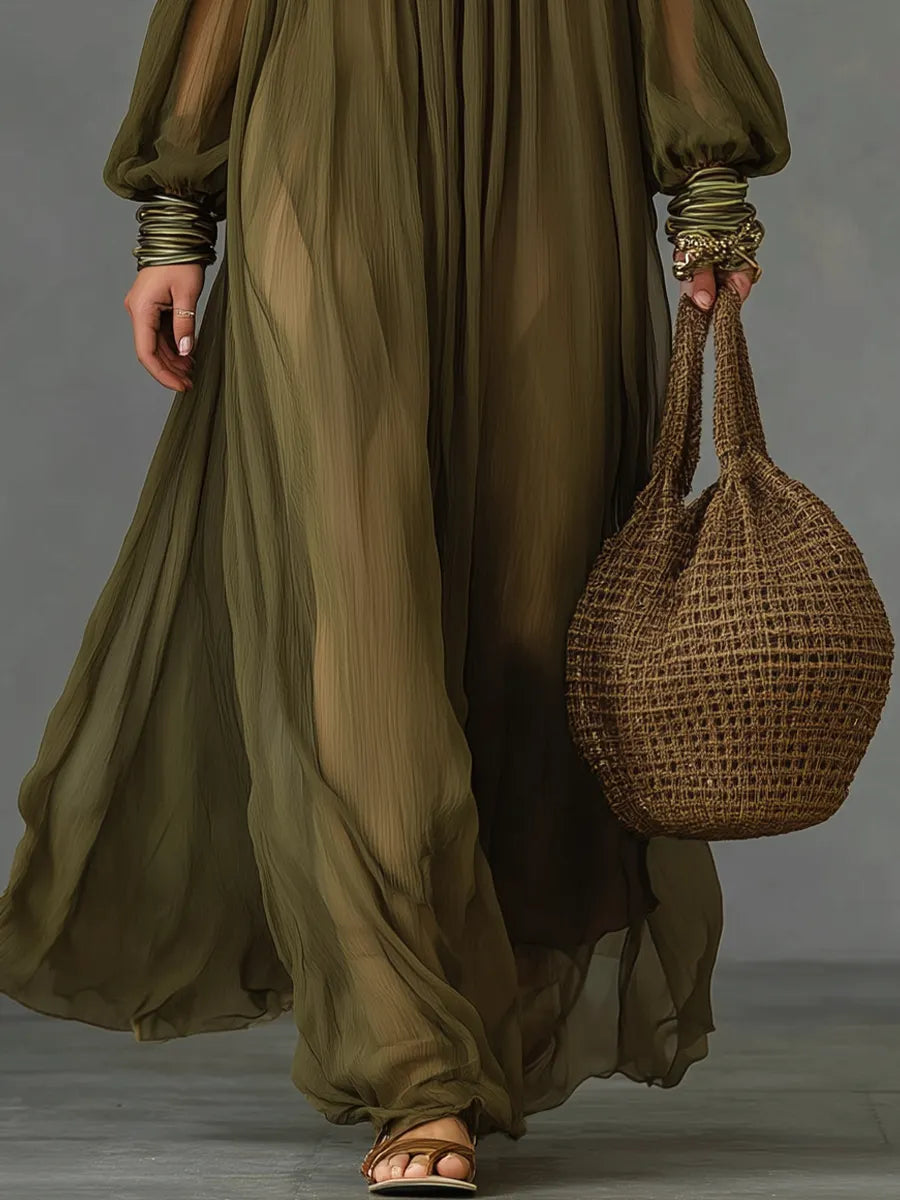 Stylish Olive Off-Shoulder Long Dress