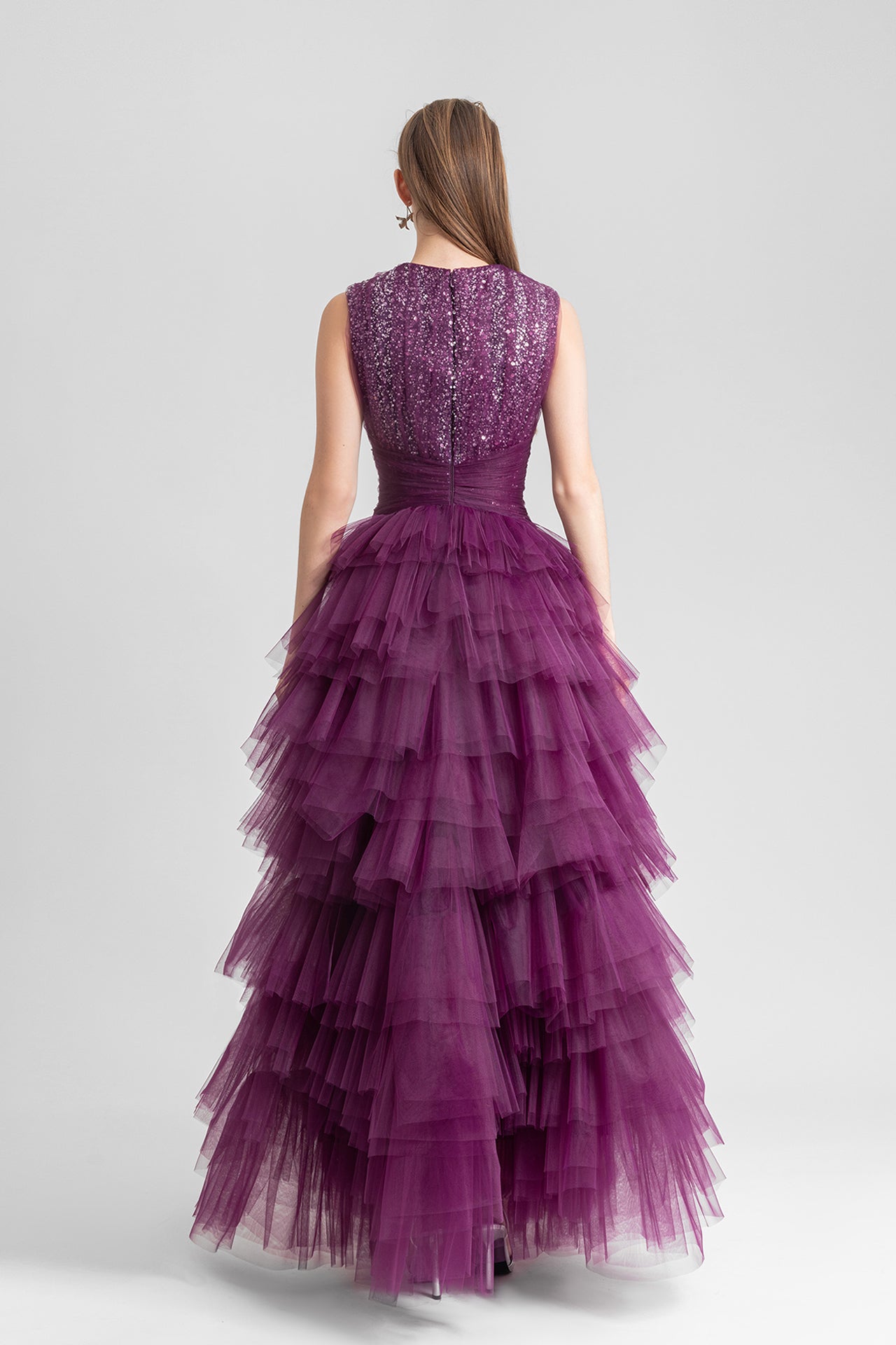 Beaded bodice pleated tulle dress