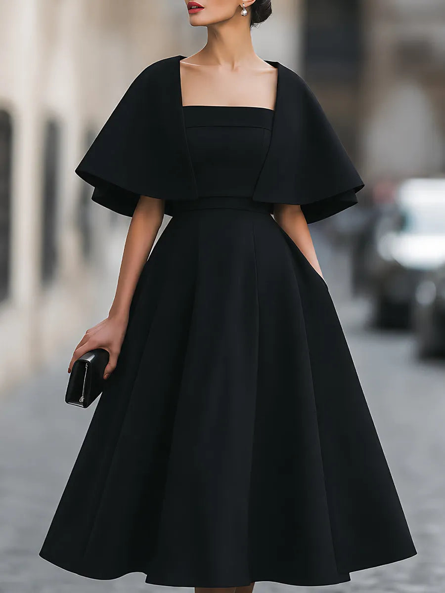 Cape-Overlay Square-Neck A-Line Midi Dress