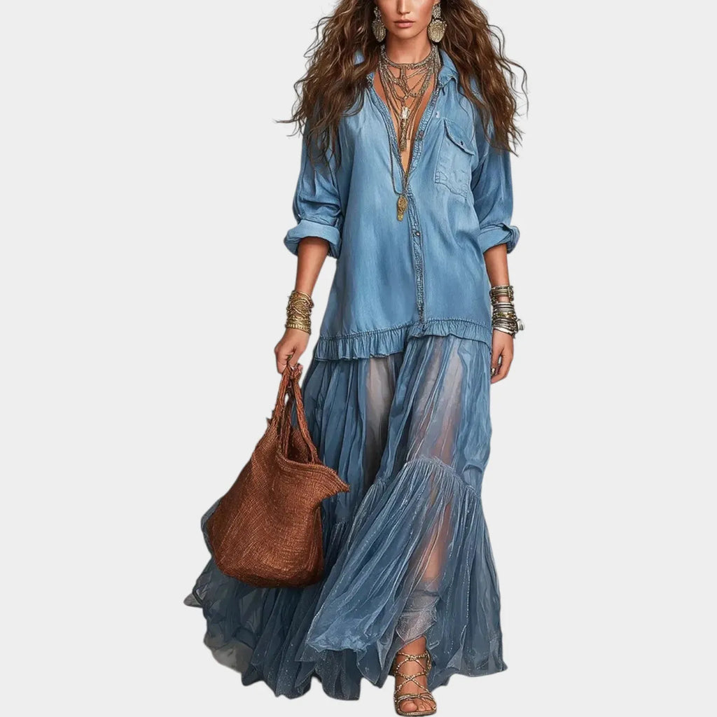 Boho Denim & Sheer Maxi Dress