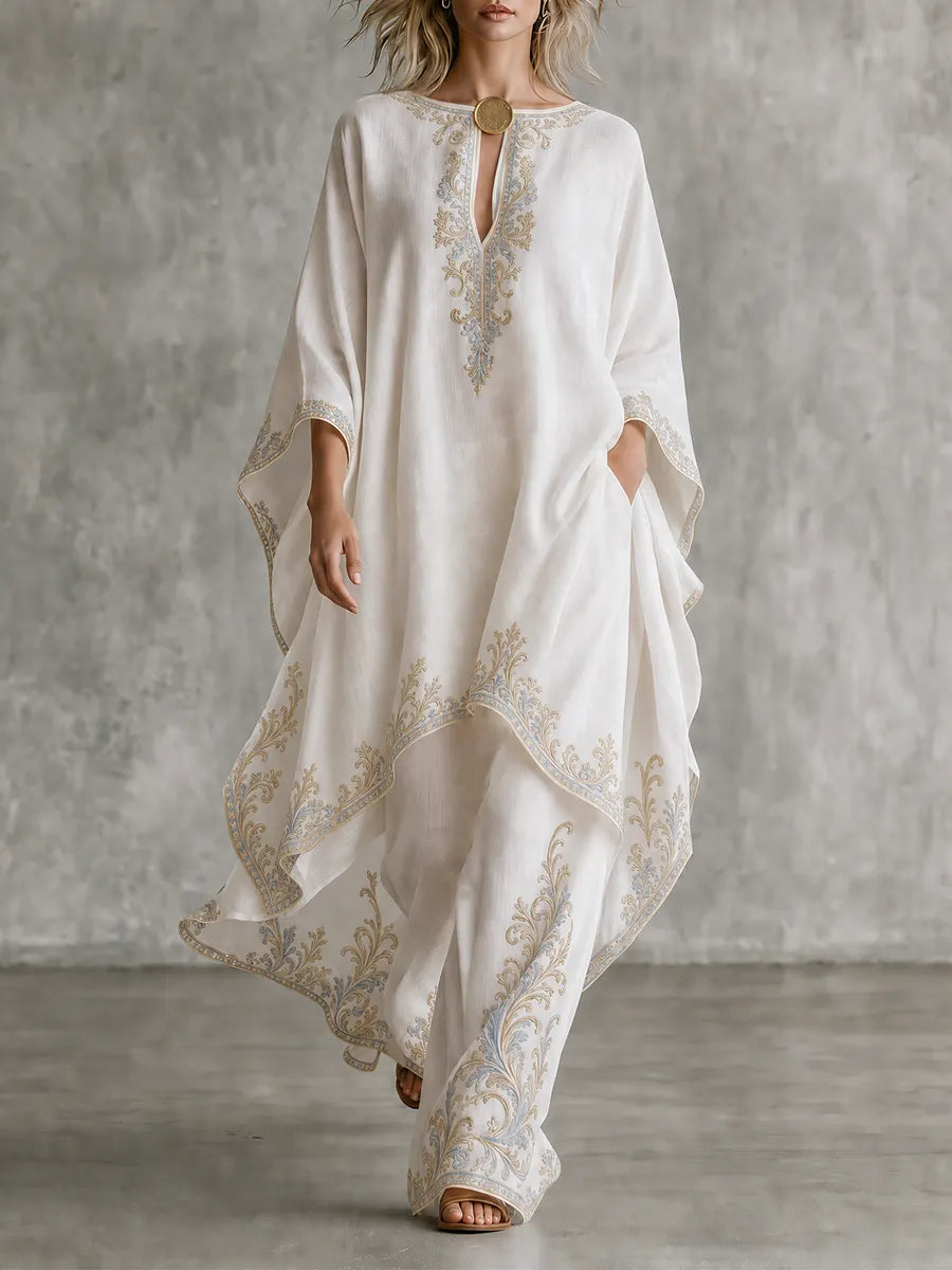 Resort Luxe Embroidered Kaftan Top & Wide Leg Pants Set