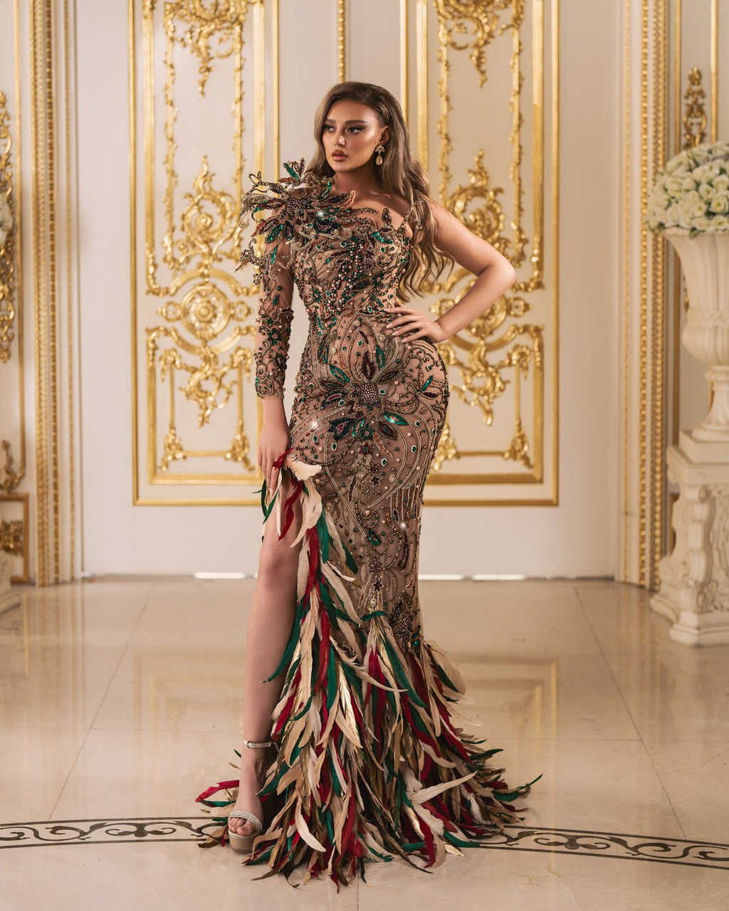 Amiara One Shoulder Dress with Beads and Feathers