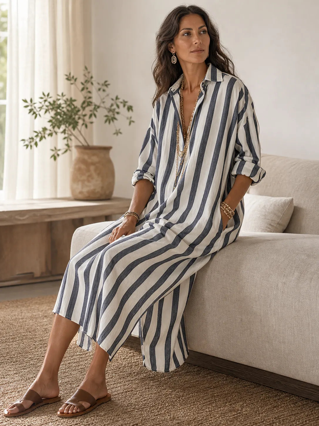 Casual Striped Shirt Bohemian Style Maxi Dress