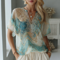 Vintage Marble Texture Collection Retro Bohemia Women Style Gradient Gilded Pattern Linen Round Neck T-shirt