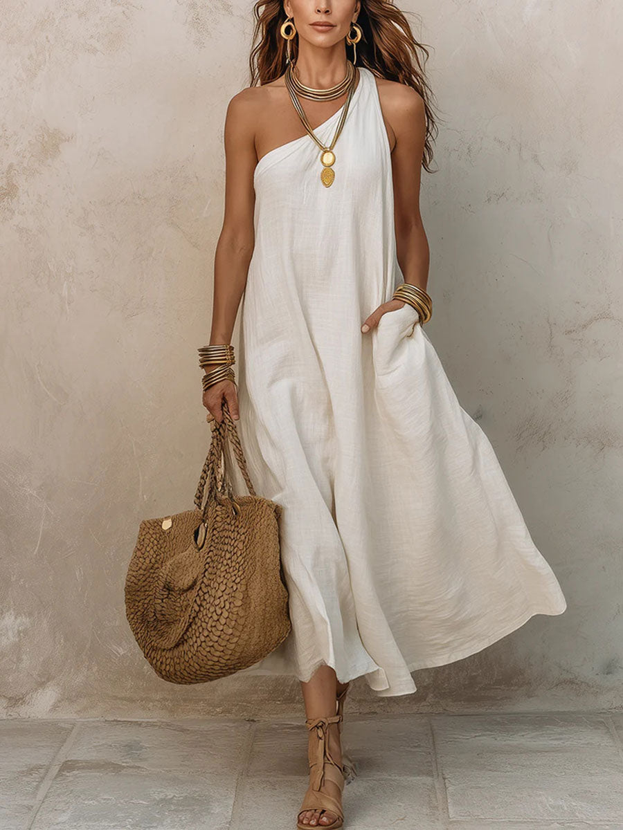 Women's Solid-color One-shoulder Retro-style Sleeveless Vacation Dress