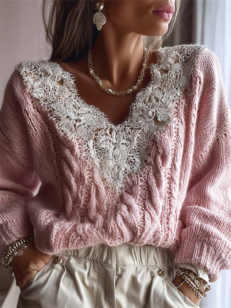 Vintage Lace Patchwork V Neck Cozy Cable Knit Sweater