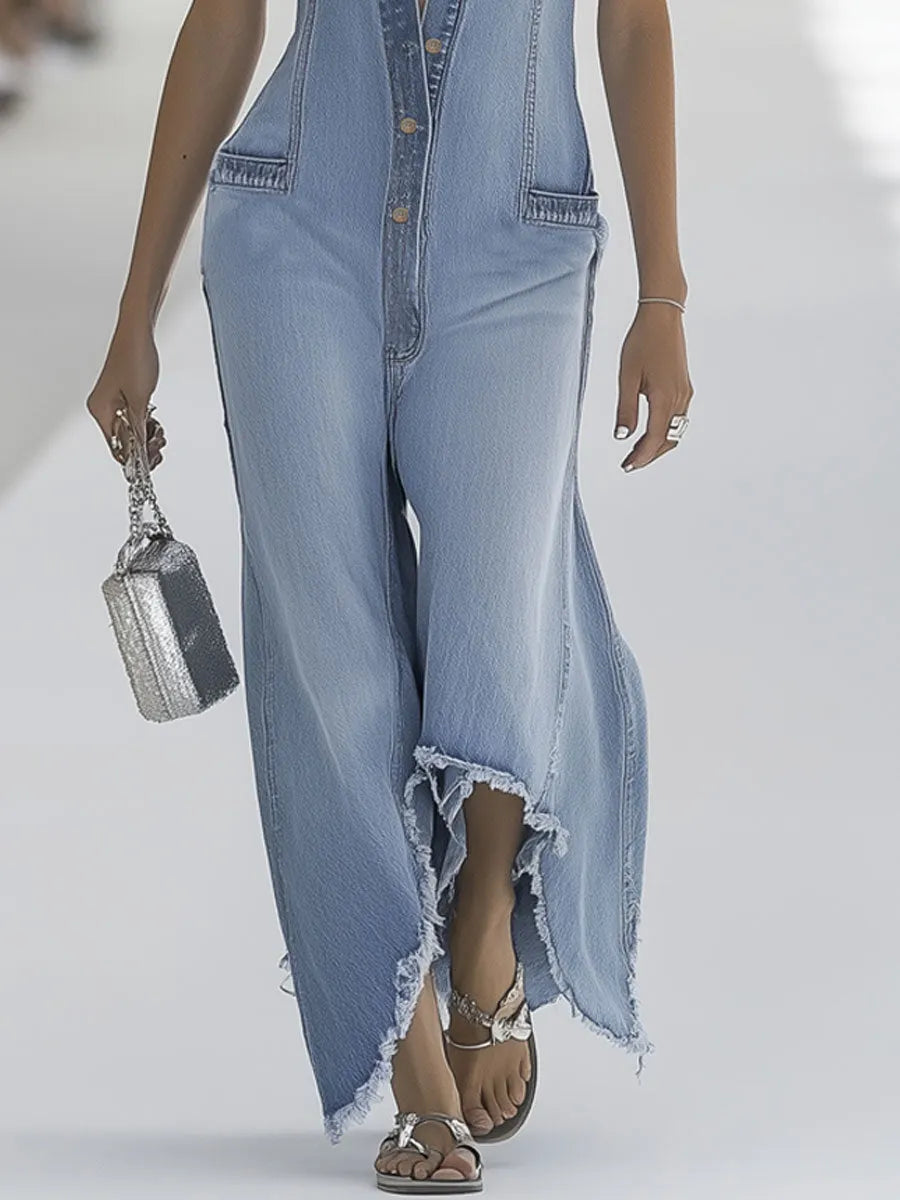 [24-hour shipping out]Western Retro Light Blue Denim Sleeveless Raw Edge Wide Leg Zipper Jumpsuit