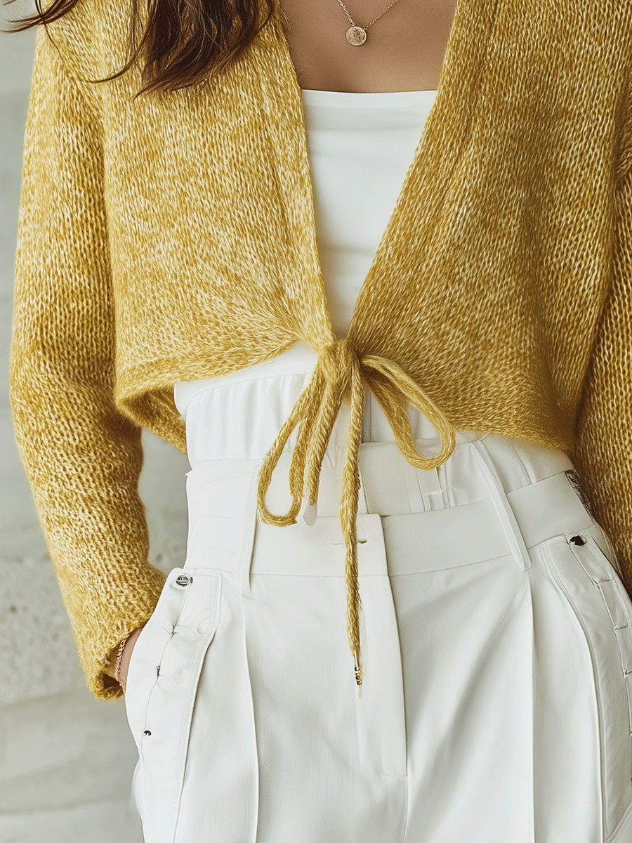 Effortless Chic Soft-Knit Cropped Drop-Shoulder Ginger Yellow Cardigan