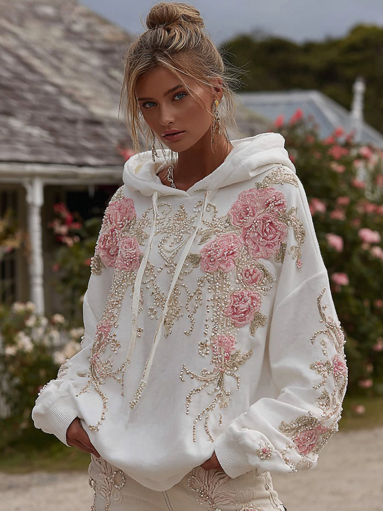 Women's Vintage Rose Pearl Embroidery Comfortable Warm Hoodie