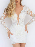 Elegant V-Neck Lace See-Through Backless Wrap Wedding Mini Dress