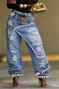 Light Blue Star Rhinestone Distressed Baggy Jeans