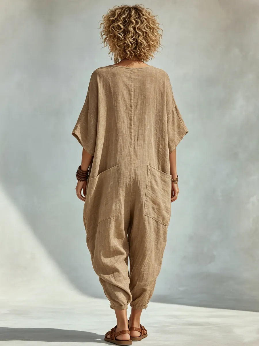 Oversized Linen-look Cotton V-neck Harem Jumpsuit