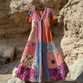 Women's Retro Floral Stitching Art Cotton And Linen Short Sleeve Dress 7d20