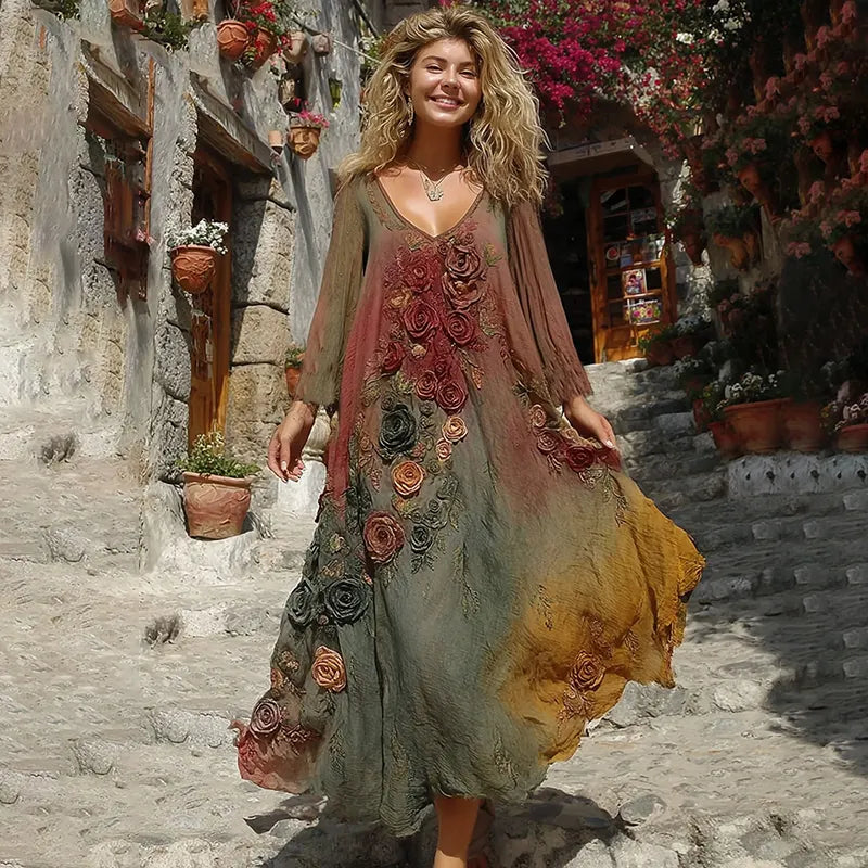 The Sunset Collection Vintage Rose And Floral Gradient Art Linen V Neck Maxi Dress