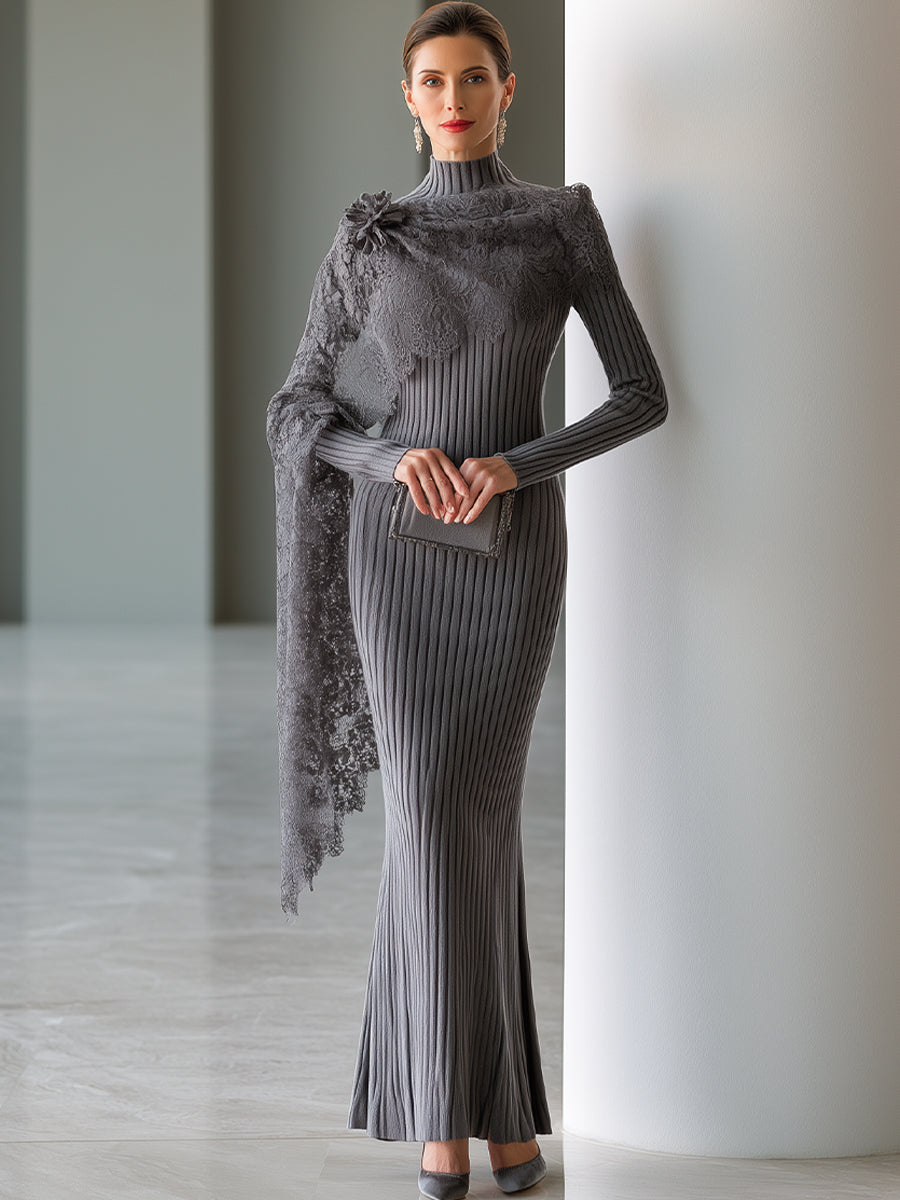Lace-Draped Ribbed Knit Maxi Dress